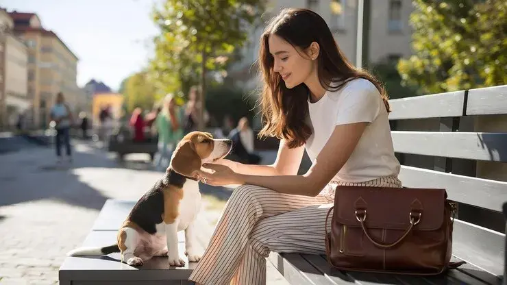 Sac transport chien femme ville banc balade urbaine